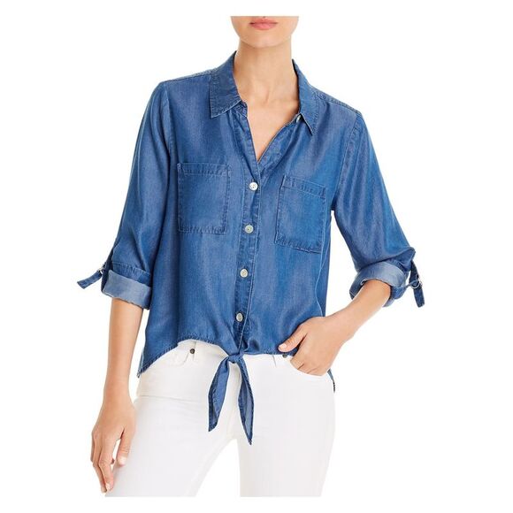 ALISON ANDREWS Tops - ALISON ANDREWS Womens Blue Pocketed Tie Front Roll-tab Sleeve Collared Top XL